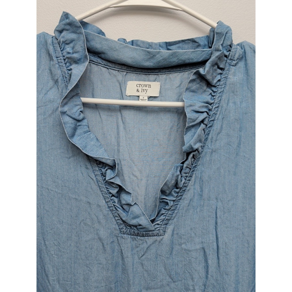 crown & ivy Light Blue Sleeveless Ruffle V-Neck Shift Dress - Picture 3 of 4